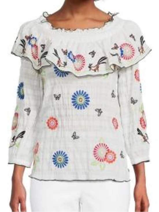 John Mark Tops - John Mark White Embroidered Blouse Bright Star Butterflies Birds size XL